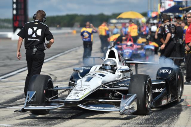 Simon Pagenaud peels out of his pit stall during practice for the ABC Supply 500 at Pocono Raceway -- Photo by: Chris Owens