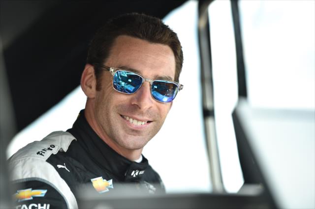 Simon Pagenaud cracks a smile from his pit stand prior to practice for the ABC Supply 500 at Pocono Raceway -- Photo by: Chris Owens