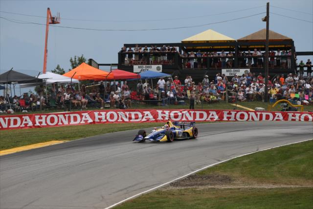 Alexander Rossi shoots out of Turn 5 during the Honda Indy 200 at Mid-Ohio -- Photo by: Chris Jones