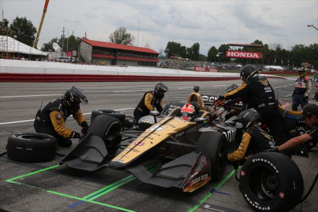 James Hinchcliffe comes in for tires and fuel on pit lane during the Honda Indy 200 at Mid-Ohio -- Photo by: Chris Jones