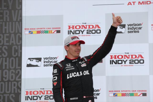 Robert Wickens salutes the fans in Victory Circle following his 2nd Place finish in the Honda Indy 200 at Mid-Ohio -- Photo by: Chris Jones