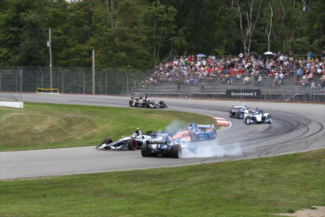 Takuma Sato gets spun exiting Turn 4 during the early stages of the Honda Indy 200 at Mid-Ohio -- Photo by: Chris Jones