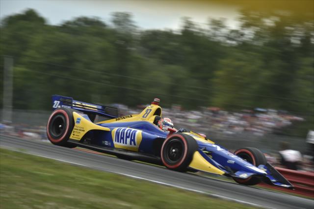 Alexander Rossi launches over the Turn 5 hill during the Honda Indy 200 at Mid-Ohio -- Photo by: Chris Owens