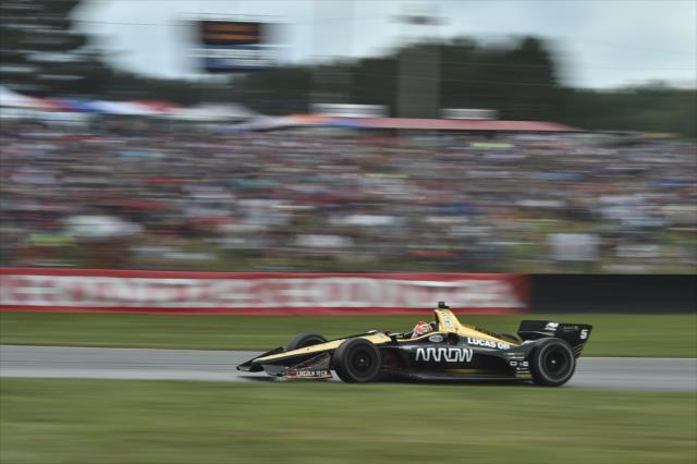 James Hinchcliffe races toward Turn 5 during the Honda Indy 200 at Mid-Ohio -- Photo by: Chris Owens