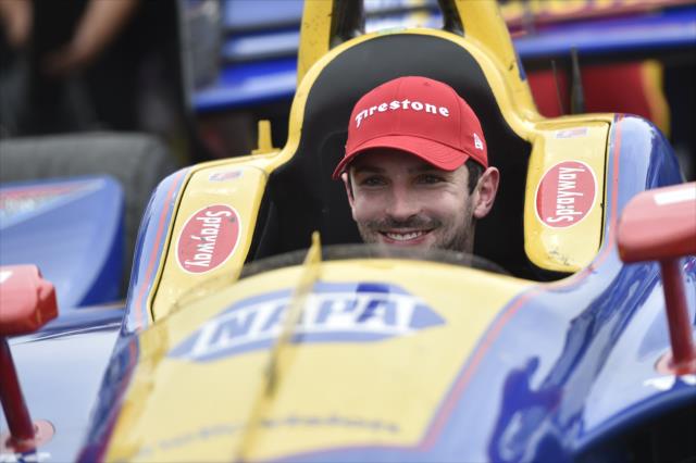 Alexander Rossi is all smiles in Victory Circle after winning the Honda Indy 200 at Mid-Ohio -- Photo by: Chris Owens