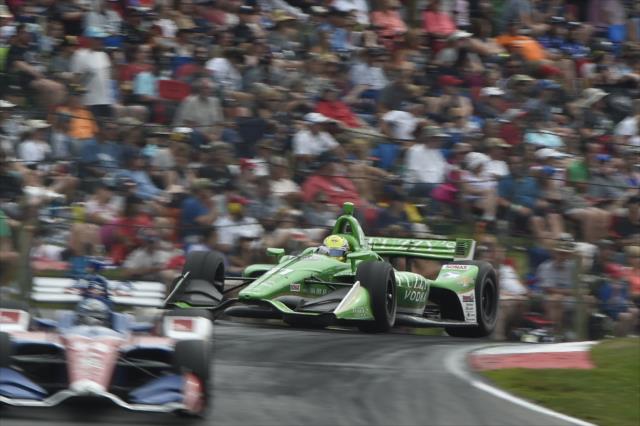 Spencer Pigot launches over the Turn 5 hill during the Honda Indy 200 at Mid-Ohio -- Photo by: Chris Owens