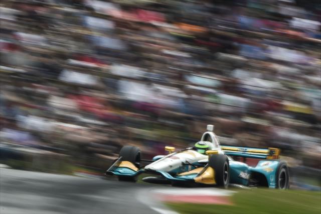 Conor Daly launches over the Turn 5 hill during the Honda Indy 200 at Mid-Ohio -- Photo by: Chris Owens