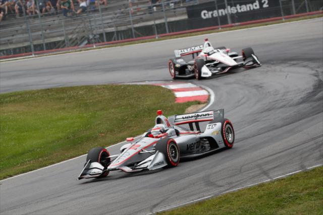 Teammates Will Power and Josef Newgarden sail into Turn 4 during the Honda Indy 200 at Mid-Ohio -- Photo by: Joe Skibinski
