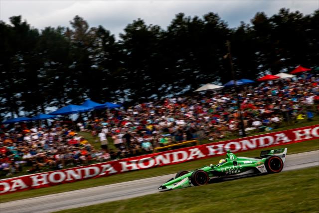 Spencer Pigot screams through Turn 5 during the Honda Indy 200 at Mid-Ohio -- Photo by: Joe Skibinski
