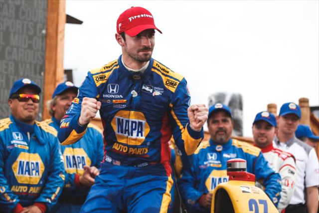 Alexander Rossi begins the celebration in Victory Circle after winning the Honda Indy 200 at Mid-Ohio -- Photo by: Joe Skibinski