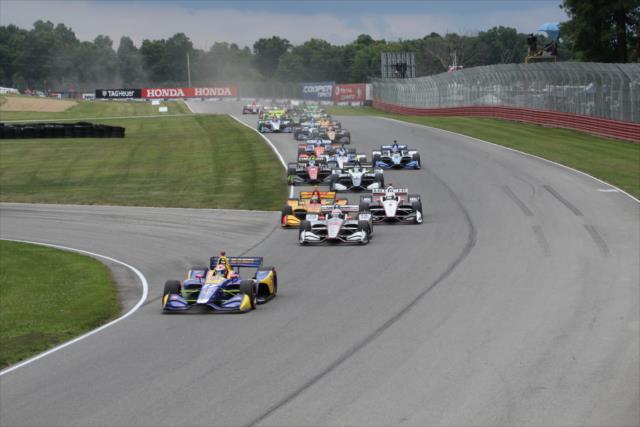 Alexander Rossi leads the field to the green flag to start the Honda Indy 200 at Mid-Ohio -- Photo by: Matt Fraver