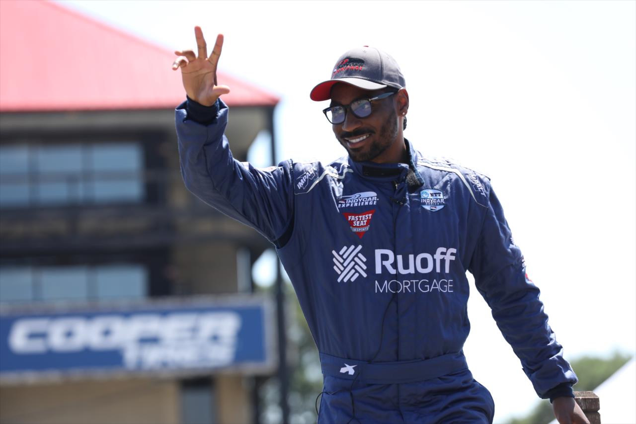 Braxton Miller riding in the Ruoff Fastest Seat in Sports with Mario Andretti - Honda Indy 200 at Mid-Ohio - By: Matt Fraver -- Photo by: Matt Fraver