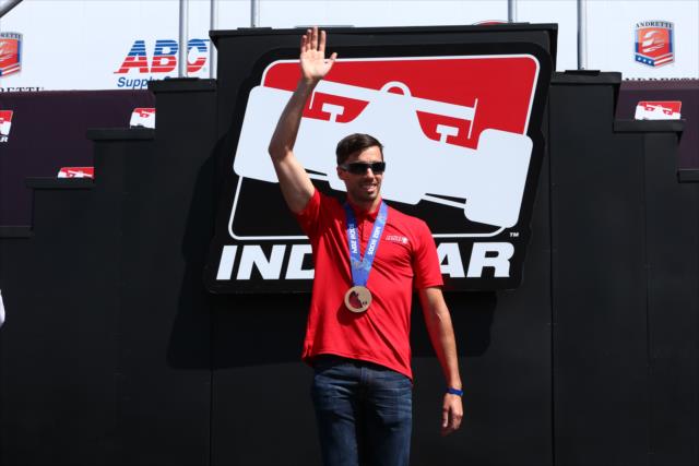 Sochi Olympic menâ€™s skeleton bronze medalist Matt Antoine is introduced during pre-race ceremonies for the ABC Supply Wisconsin 250 at the Milwaukee Mile -- Photo by: Chris Jones