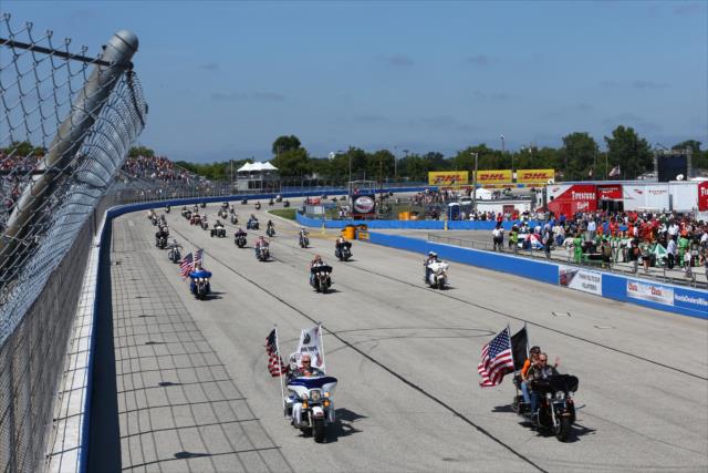 The traditional Harley-Davidson motorcycle parade during pre-race ceremonies for the ABC Supply Wisconsin 250 at the Milwaukee Mile -- Photo by: Chris Jones