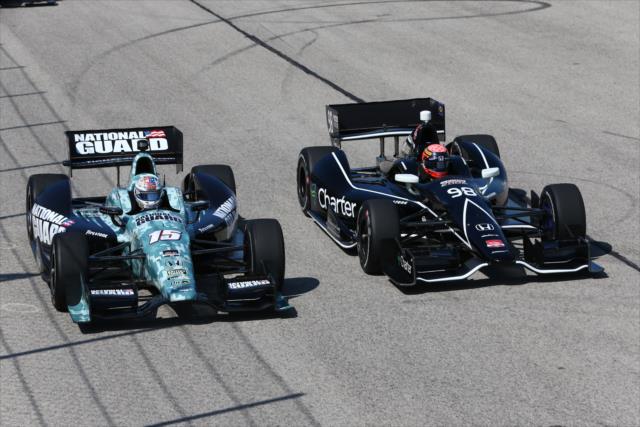 Graham Rahal and Jack Hawksworth go side-by-side during the early stages of the ABC Supply Wisconsin 250 at the Milwaukee Mile -- Photo by: Chris Jones