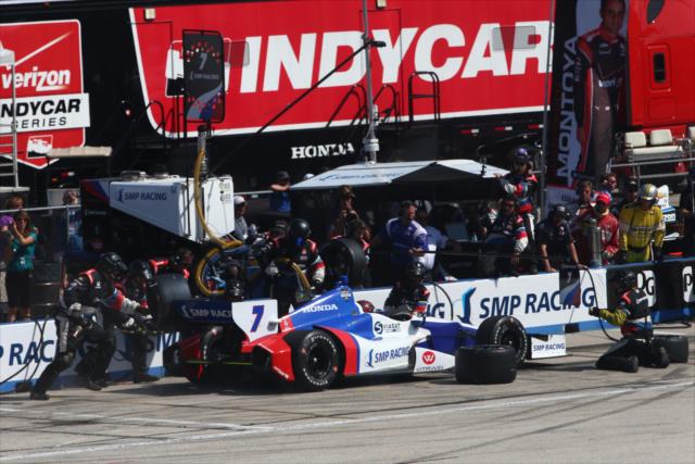 Mikhail Aleshin rolls into his pit stall for an early stop during the ABC Supply Wisconsin 250 at the Milwaukee Mile -- Photo by: Chris Jones