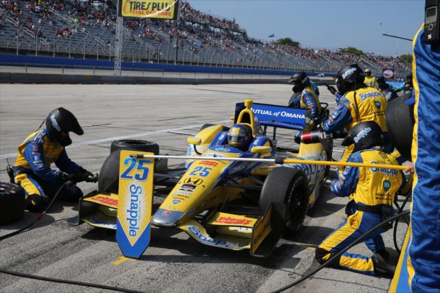 The Andretti Autosport team of Marco Andretti go to work during an early pit stop during the ABC Supply Wisconsin 250 at the Milwaukee Mile -- Photo by: Chris Jones