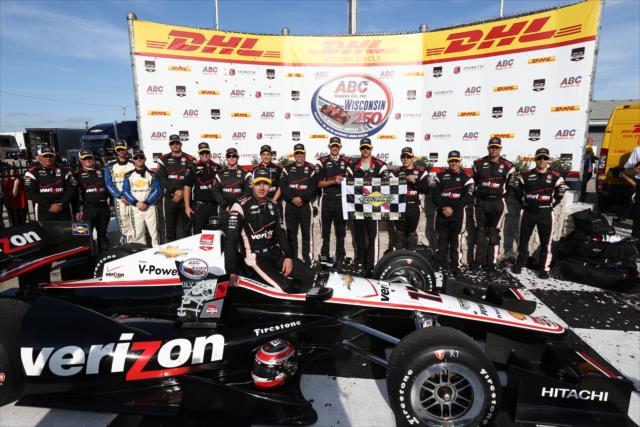 Will Power and Team Penske pose in Victory Circle after winning the ABC Supply Wisconsin 250 at the Milwaukee Mile -- Photo by: Chris Jones
