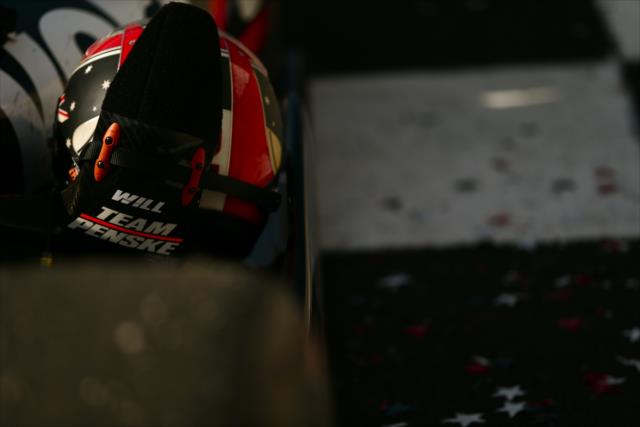 The helmet of Will Power sits on his machine in Victory Lane after winning the ABC Supply Wisconsin 250 at the Milwaukee Mile -- Photo by: Shawn Gritzmacher