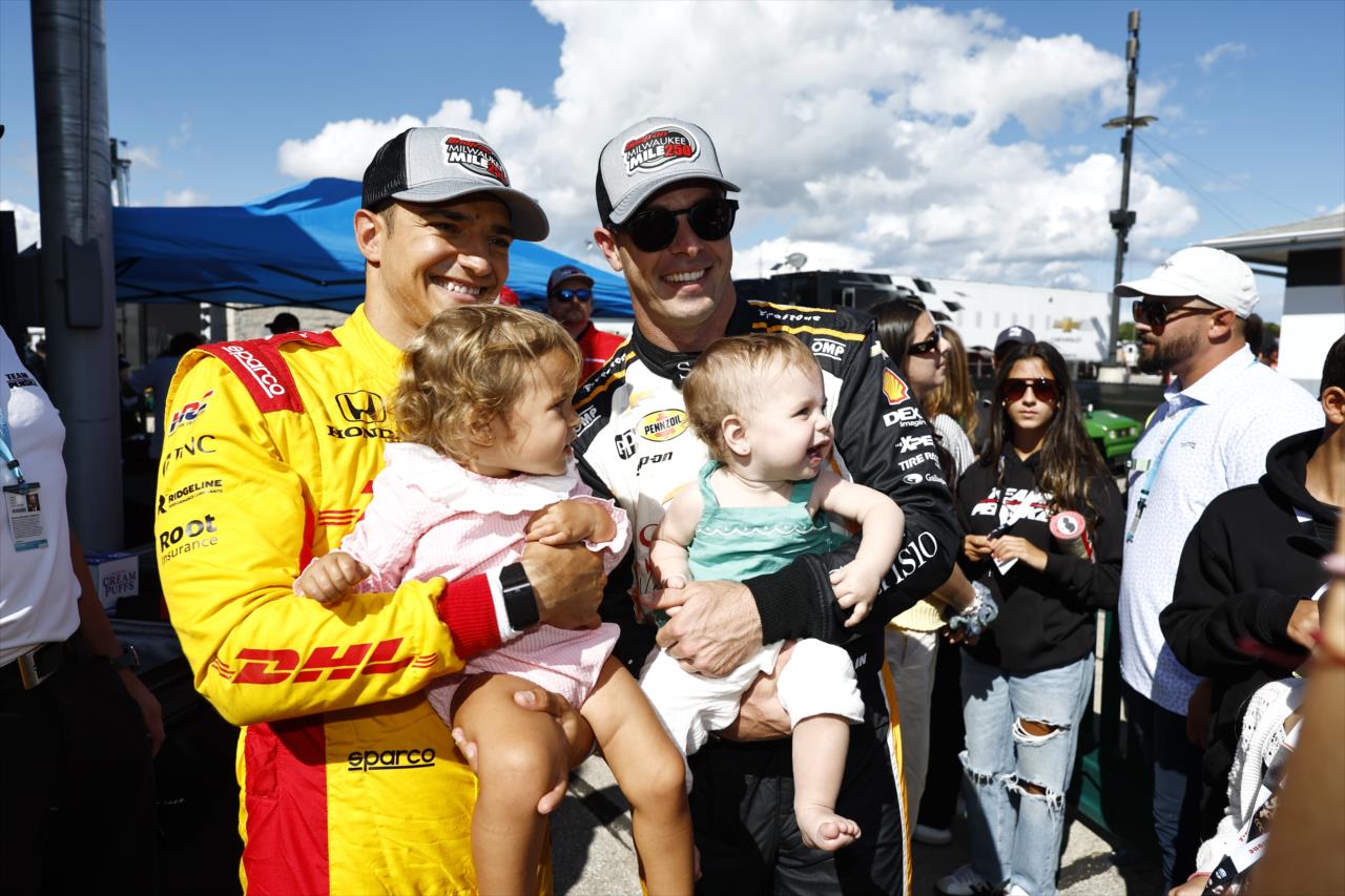 Alex Palou with his daughter Lucia and Scott McLaughlin with his daughter Lucy - Snap-On Milwaukee Mile 250 - By: Chris Jones -- Photo by: Chris Jones