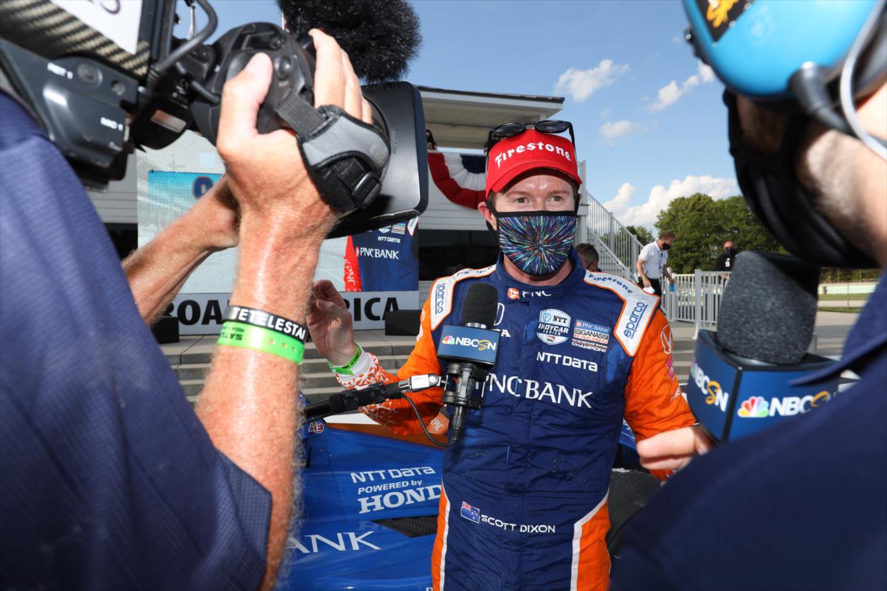Scott Dixon speaks with James Hinchcliffe of NBCSN after winning the REV Group Grand Prix Race 1 at Road America Saturday, July 11, 2020 -- Photo by: Chris Owens