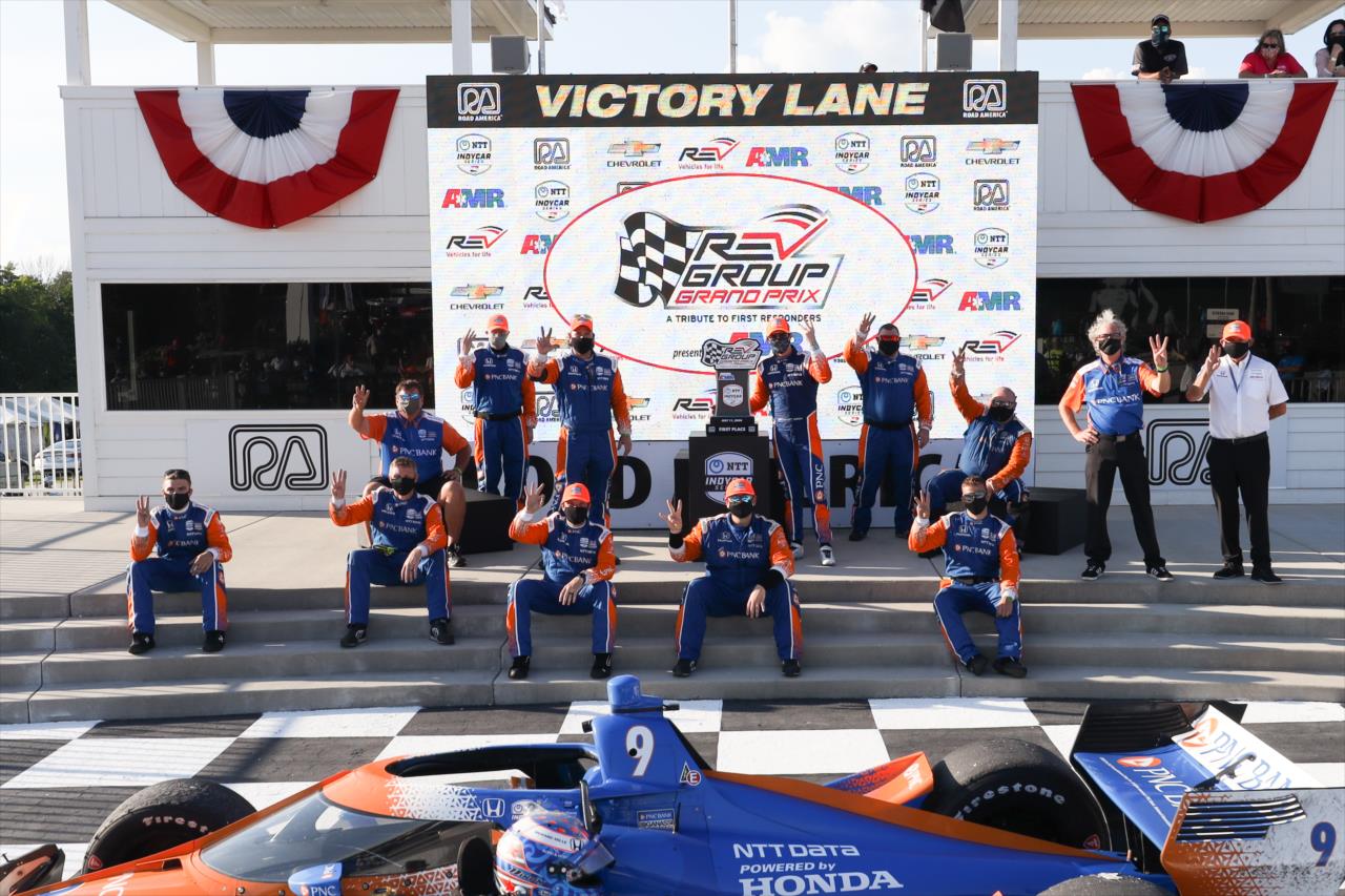 Scott Dixon and his team celebrate in Victory Lane after winning the REV Group Grand Prix Race 1 at Road America Saturday, July 11, 2020 -- Photo by: Chris Owens