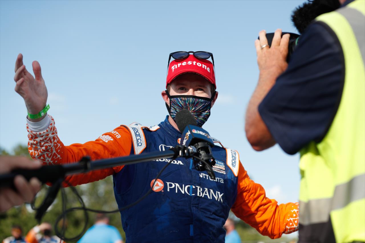 Scott Dixon speaks with NBCSN after winning the REV Group Grand Prix Race 1 at Road America Saturday, July 11, 2020 -- Photo by: Chris Owens