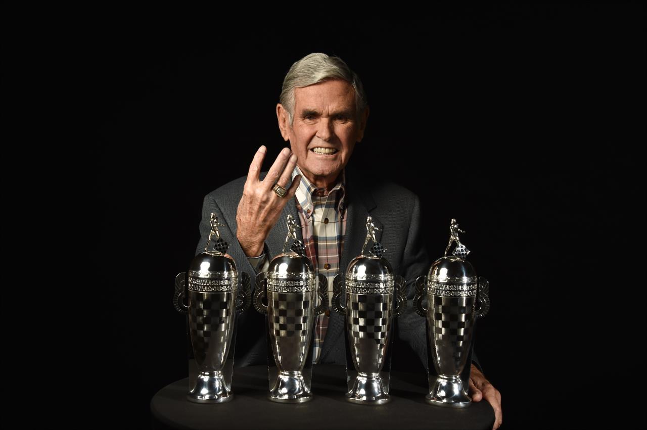 Al Unser Sr. with four Baby Borg trophies.