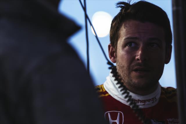 Marco Andretti chats in his pit stand during the Phoenix Open Test at Phoenix International Raceway -- Photo by: Joe Skibinski