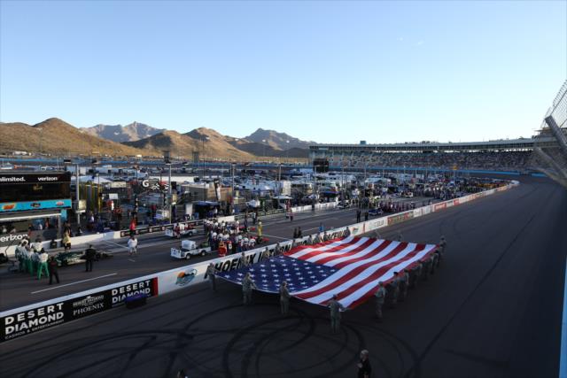The United States flag on the frontstretch during pre-race festivities for the Desert Diamond West Valley Phoenix Grand Prix -- Photo by: Chris Jones