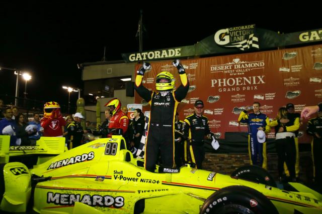 Simon Pagenaud begins the celebration in Victory Circle after winning the Desert Diamond West Valley Phoenix Grand Prix -- Photo by: Chris Jones