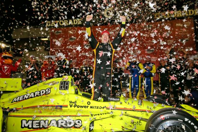 The confetti rains down on Simon Pagenaud in Victory Circle after winning the Desert Diamond West Valley Phoenix Grand Prix -- Photo by: Chris Jones