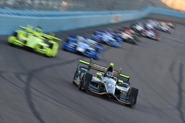 JR Hildebrand leads a train of cars into Turn 1 during the Desert Diamond West Valley Phoenix Grand Prix -- Photo by: Chris Owens