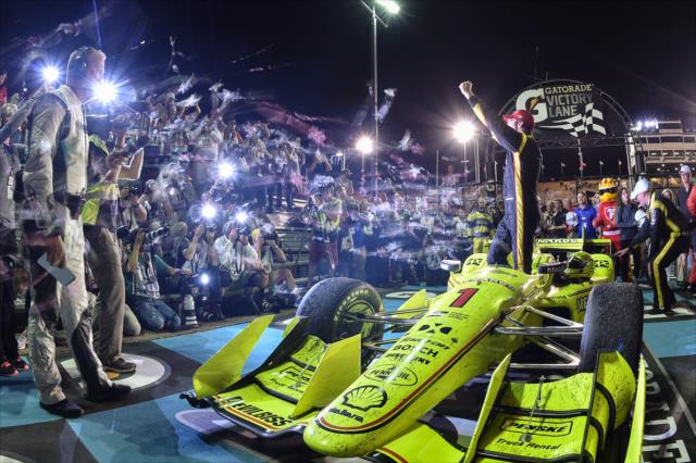 Simon Pagenaud celebrating in victory circle his win at the Desert Diamond West Valley Phoenix Grand Prix. -- Photo by: Chris Owens