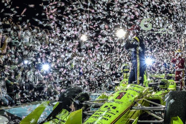 Simon Pagenaud celebrating in victory circle his win at the Desert Diamond West Valley Phoenix Grand Prix. -- Photo by: Chris Owens
