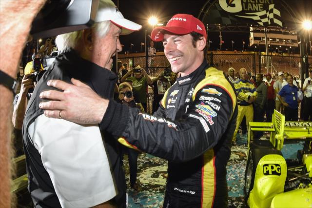 Simon Pagenaud celebrates in Victory Lane with team owner Roger Penske after winning the Desert Diamond West Valley Phoenix Grand Prix -- Photo by: Chris Owens