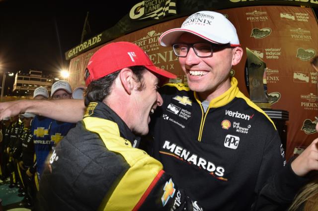 Simon Pagenaud celebrates in Victory Lane with his engineer, Ben Bretzman, after winning the Desert Diamond West Valley Phoenix Grand Prix -- Photo by: Chris Owens