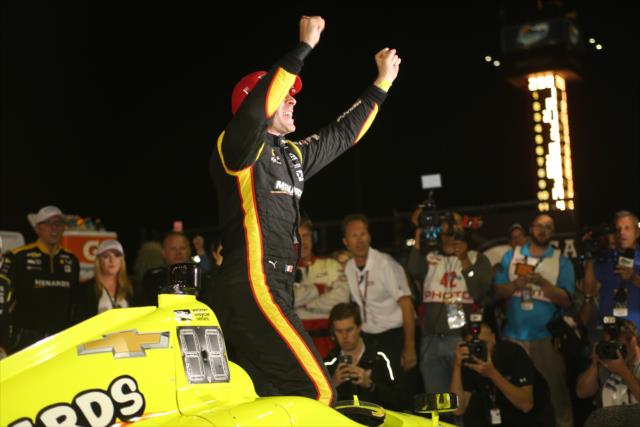 Simon Pagenaud celebrates in Victory Circle following his victory in the Desert Diamond West Valley Phoenix Grand Prix -- Photo by: Richard Dowdy