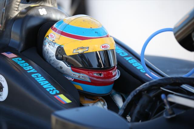 Gabby Chaves sits in his No. 88 Harding Racing Chevrolet on pit lane during the rookie oval test at ISM Raceway -- Photo by: Chris Jones