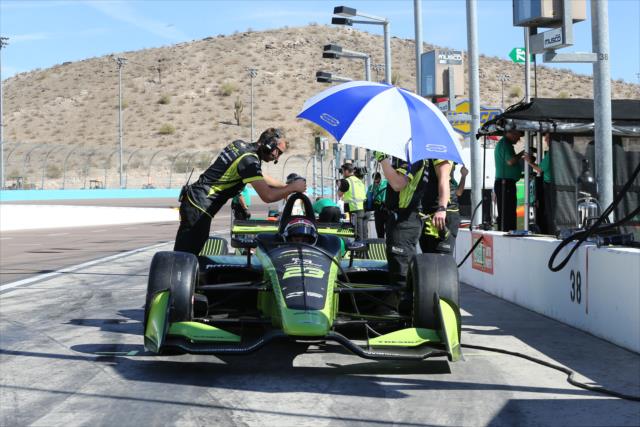 Charlie Kimball sits in his No. 23 Tresiba Chevrolet on pit lane during the open test at ISM Raceway -- Photo by: Chris Jones