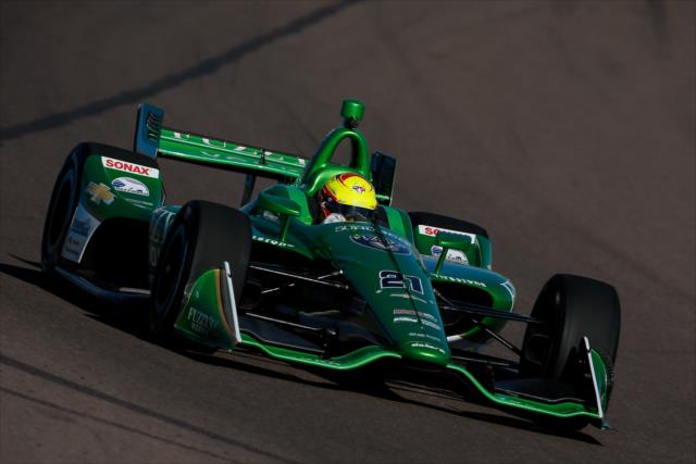 Spencer Pigot dives into Turn 1 during the afternoon open test session at ISM Raceway -- Photo by: Joe Skibinski