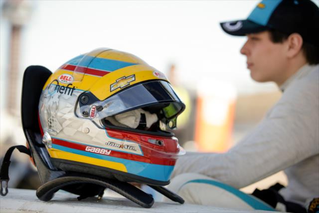 The helmet of Gabby Chaves sits at the ready along pit lane prior to the start of the afternoon open test session at ISM Raceway -- Photo by: Shawn Gritzmacher