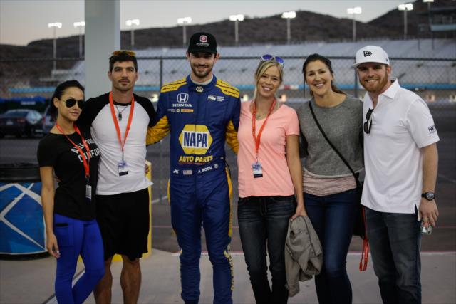 Alexander Rossi and Conor Daly with #TeamBigBrother (Cody Nickson and Jessica Graf) and #TeamExtreme (Kristi Leskinen and Jen Hudak) from The Amazing Race at ISM Raceway -- Photo by: Shawn Gritzmacher