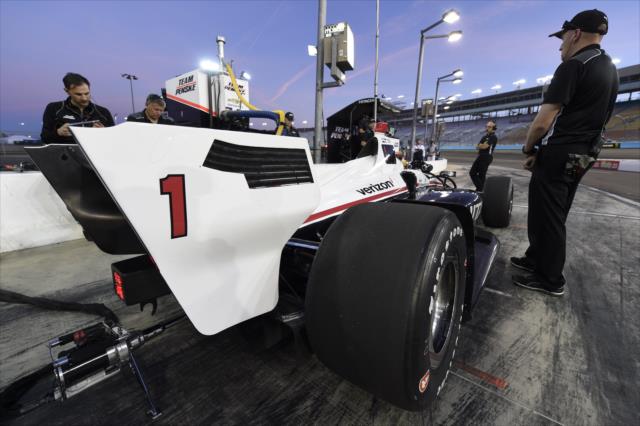 The No. 1 Hitachi Chevrolet of Josef Newgarden sits on pit lane during the evening open test session at ISM Raceway -- Photo by: Chris Owens