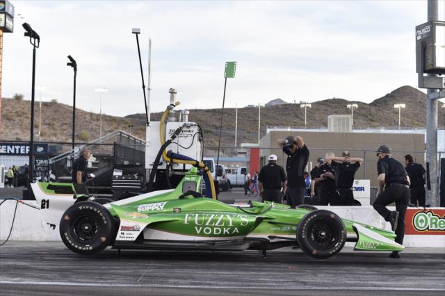 The No. 21 Fuzzy's Vodka Chevrolet of Spencer Pigot sits along pit lane during the evening test session at ISM Raceway -- Photo by: Chris Owens