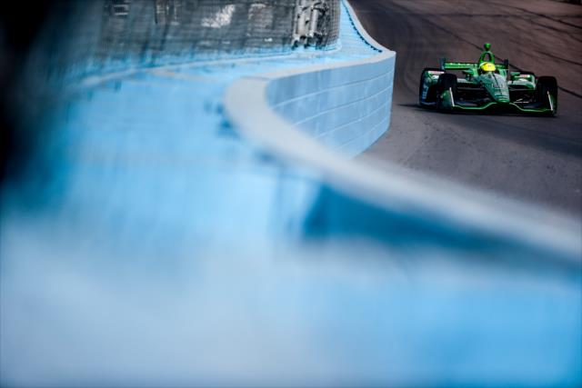 Spencer Pigot sets up for Turn 1 during the evening test session at ISM Raceway -- Photo by: Shawn Gritzmacher