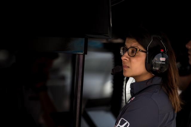 Schmidt Peterson Motorsports chief engineer Leena Gade in the pit stand during the evening test at ISM Raceway -- Photo by: Stephen King