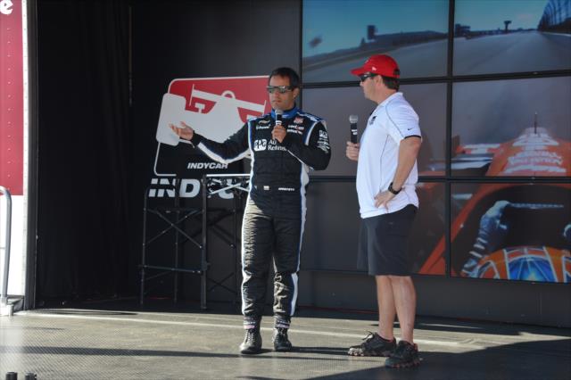 Juan Pablo Montoya chats with fans in the INDYCAR Fan Village at Pocono Raceway -- Photo by: Chris Owens