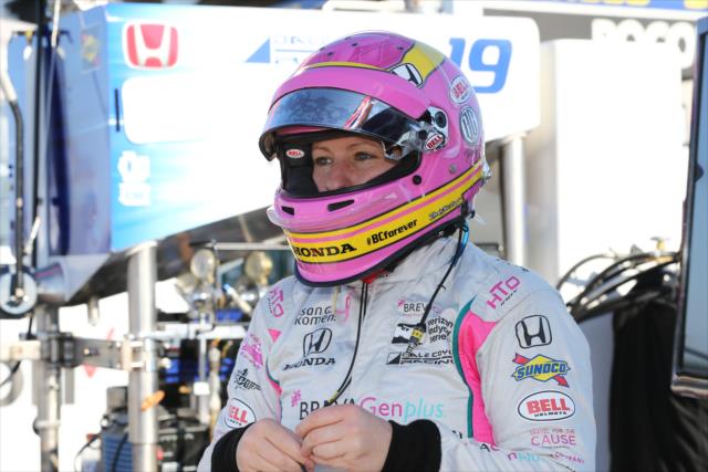 Pippa Mann waits in her pit stand prior to practice for the ABC Supply 500 at Ponono Raceway -- Photo by: Chris Jones