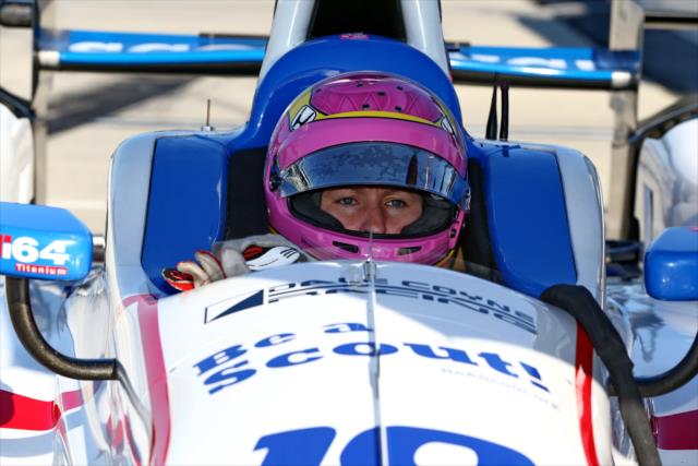 Pippa Mann sits in her No. 19 Scouting Honda on pit lane prior to practice for the ABC Supply 500 at Ponono Raceway -- Photo by: Chris Jones
